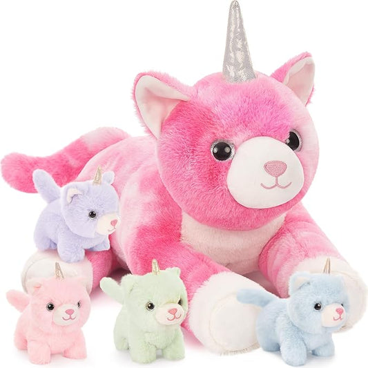 MorisMos Unicorn Cat Stuffed Animal With Kitten Babies, 24'' Caticorns, Rainbow Unicorn Cat Toys for Girl Boy Kids, Mommy Plush Cat With Baby Kitten Stuffed Animals, Kitty Cat Pillow