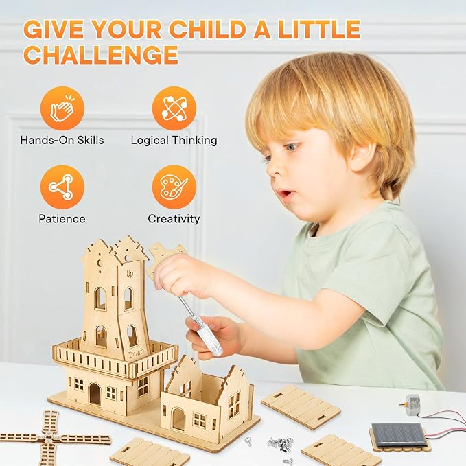 STEM Solar-Powered 3D Wooden Puzzle Kit - DIY Dutch Windmill House Building Toy | Educational Science Craft for Kids 8-15 & Adults | Hands-On Creative Model Project | Adopt Basswood-Safe&Sturdy