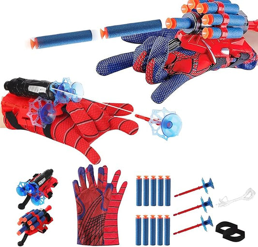 Red Style Spider Web & Soft Missile Launcher Toy 2 Pcs Set, Superhero Fans Webs Shooter for Kids, Cosplay Launcher Gloves with Wrist Toy Set, Christmas Halloween Birthday Party