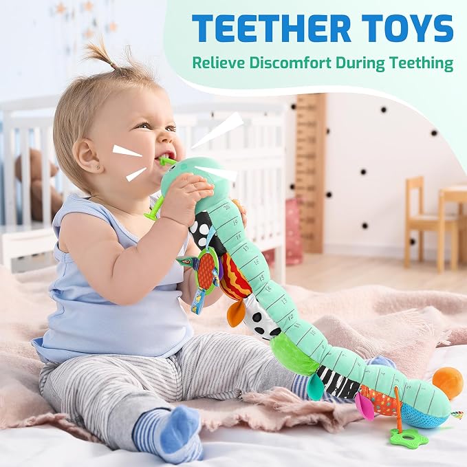 Sumobaby Baby Toys 0-6 6-12 Months, Music Caterpillar Plush Toy with Baby Mirror, Pull String&Crinkle Rattle,Infant Teething Toys,Tummy Time for 0-3-6-12 Month Boys Girls Newborn Gifts (Blue-Leaf)