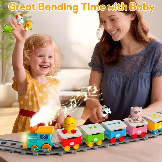 Farm Animal Train Toys for Toddlers 2-4, Kids Electric Train Set with Music, Steam & Lights, Montessori Learning Toys with Finger Puppets, Christmas Birthday Gifts for Boys Girls Age 18 Months+
