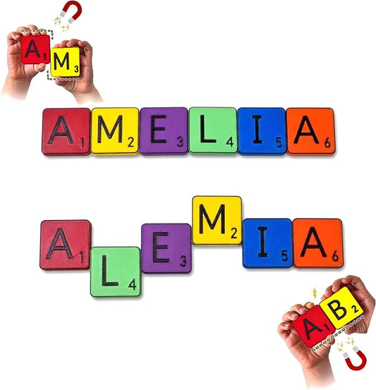Learn Your Name! Amelia. Personalized Self-Correcting Magnetic Tiles. First Birthday, Christmas Stocking, Easter, Educational Toy for Early Learning