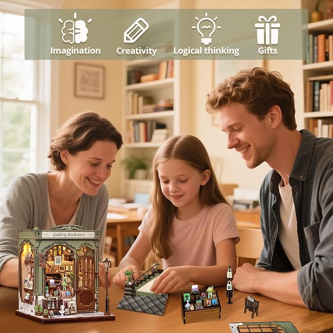 Cutefun Book Nook Kit - DIY Miniature Dollhouse Kit for Adults and Teens, 3D Wooden Puzzle Bookshelf Insert Decor with LED Light, Gifts for Book Lovers and Beginners (Gallery Bookstore)