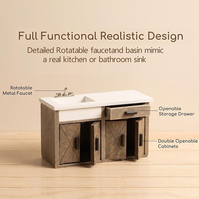 Dollhouse Furniture 1/12 Scale Miniature Sink Cabinet Wooden Bathroom Vanity Cabinet with Openable Drawer and Doors (Gray)
