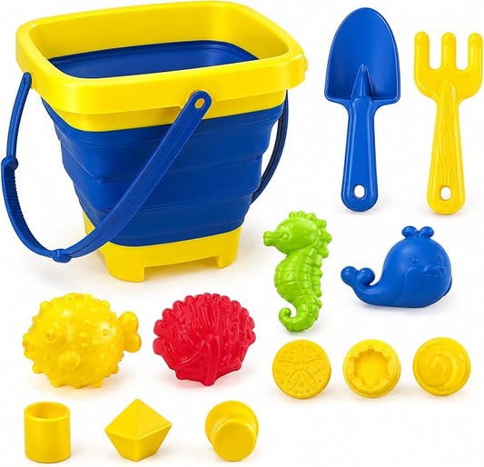 Beach Toys for Kids, 12-Piece Foldable Sand Toy Set, Silicone Beach Bucket, Sand Toys for Toddlers Ages 2-8, Beach Bucket and Shovel Set, Outdoor Beach and Sandbox Toys (Blue Set)