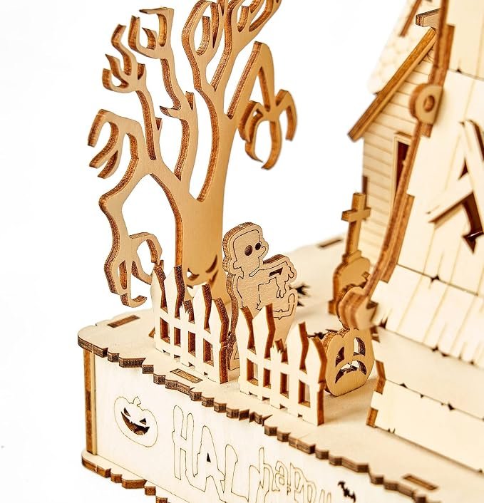 3D Wooden Puzzles Halloween House Kits Includes Light Strip, Brainteaser and Puzzle for Halloween/Birthday,Gifts for Adults and Teens to Build Combination