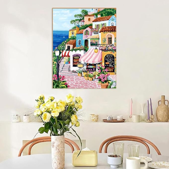 Paint by Numbers for Adults and Kids Beginner, Mediterranean Coastal Village TownPainting by Number Kits On Canvas, Number Artist Paint by Number Kit Oil Painting Acrylic Paints, Home Wall Decor Gift