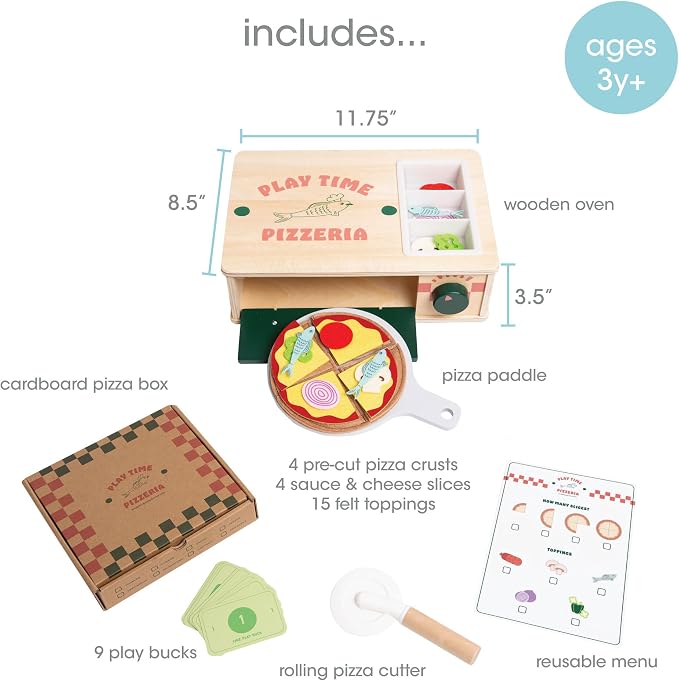 Pearhead Wooden Pizzeria Montessori Pretend Play Food Set, 38-Piece Play Kitchen Accessories, (38 Pcs) Toy Pizza Oven with Pizza Toppings Food Set, Preschool Toys for Toddlers, Ages 3+ Years