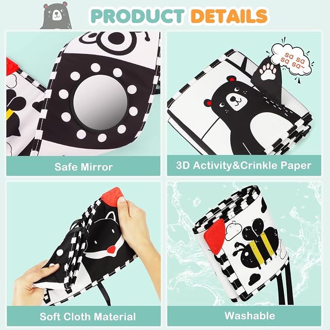 BBWOO High Contrast Baby Toys for Newborn, Tummy Time Mirror, Black and White Baby Toy for 0-6 Months, Soft Montessori Visual Stimulation Infant Book, Boy Girl Shower Gift