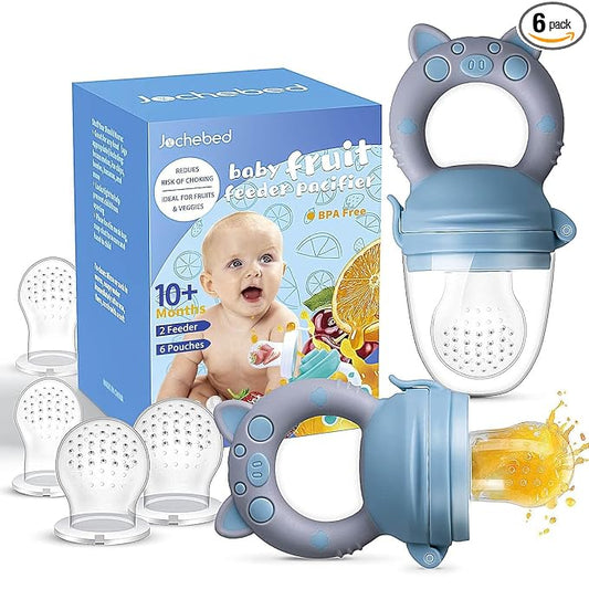 Baby Fruit Food Feeder Pacifier - Fresh Teething Pacifiers, Infant Fruit Teething Teether Toy for 3-24 Months, 6 Pcs Silicone Pouches for Toddlers & Kids & Babies, Piggy Handle 2-Pack (Blue & Gray)