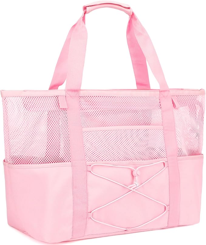 Fammart Mesh Beach Bag for Women, Large Beach Toy Pool Bag with Zipper Pocket, SandProof Cruise Essentials 2026 Family Travel