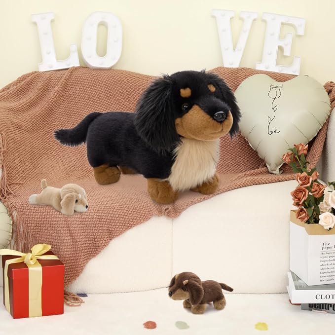 MorisMos Dachshund Stuffed Animal Plush Toys, 20'' Realistic Long Haired Dachshund Toys Gift for Kid Toddler Women, Mama Puppy Surprise with Baby Dog Stuffed Animals,Cuddle Black Weiner Dog Pillow