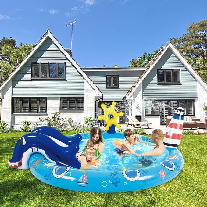 Kiddie Pool with Slide Inflatable Play Center Wading Lounge Kids Pool, Marine Life Sprinkler, Water Game Play Center for Kids 80" x 60" x 25"