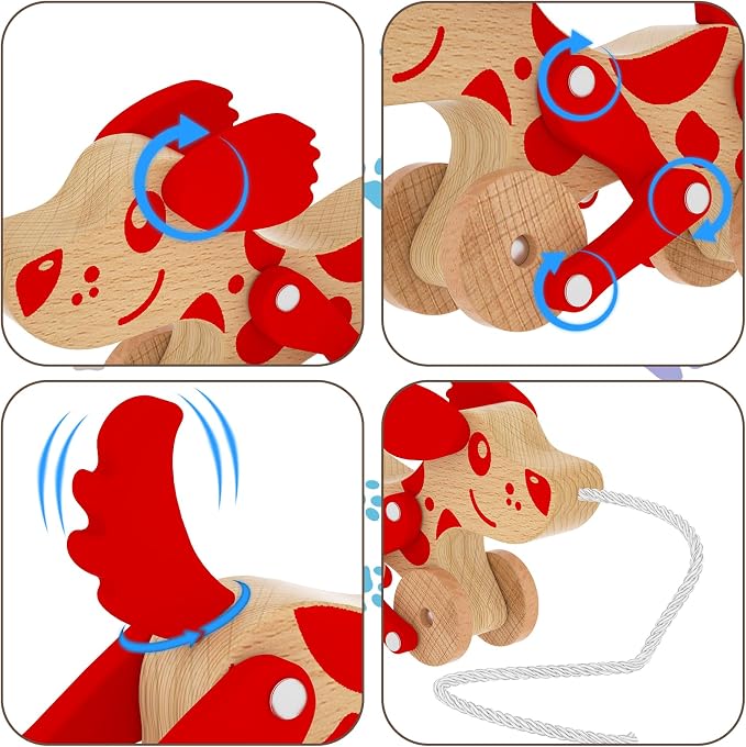 Montessori Toys 1 2 3 4 Years Old Boys Girls Wooden Walking Pull Dog Toy for Baby Toddler, Pull Along Walking Toys, Walk Along Puppy Pull, Wooden Pull & Push Toy (Red)