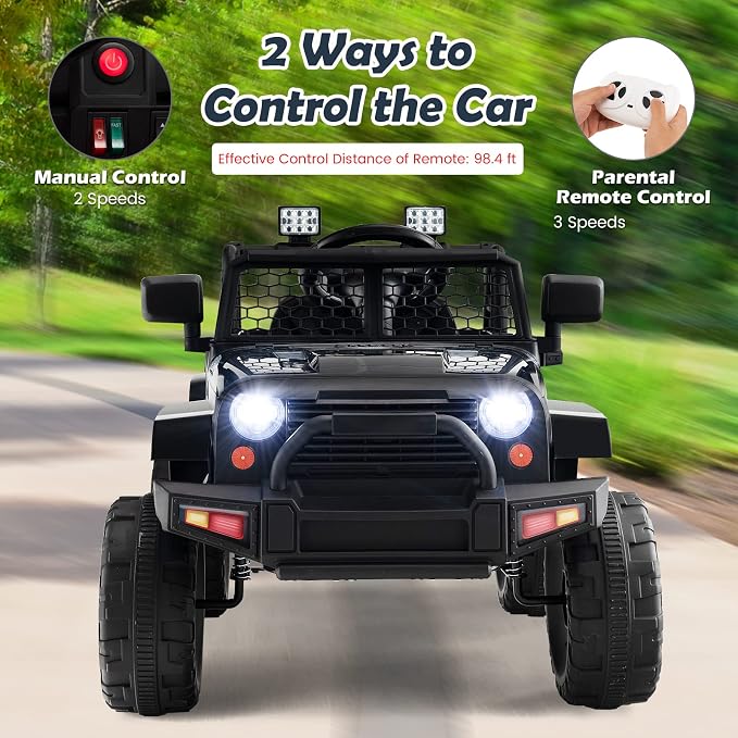 Costzon Ride on Car, 12V Battery Powered Truck Vehicle with Remote Control, Spring Suspension, Headlights, Music, Horn, MP3, USB & Aux Port, Gift for Boys Girls, Electric Car for Kids (Black)