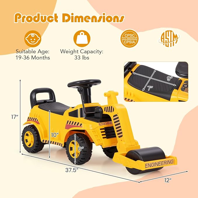 Costzon Ride on Road Roller, Sliding Kids Car with Adjustable Roller, Under-Seat Storage, Anti-Tipping Block & Engine Sound, Construction Vehicle Ride on Push Car for Toddlers Aged 19-36 Months