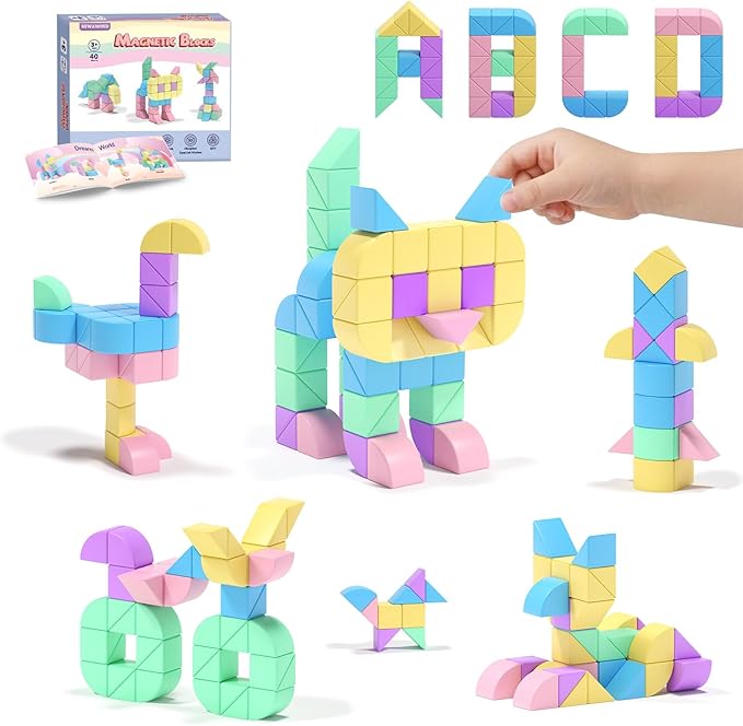 Hiwawind 40Pcs Magnetic Blocks, 1-Inch Pastel Rainbow Magnetic Cubes (Triangles & Quarter Circles), Montessori Sensory Autism Toys for Boys & Girls, Ideal for Kids Ages 3+