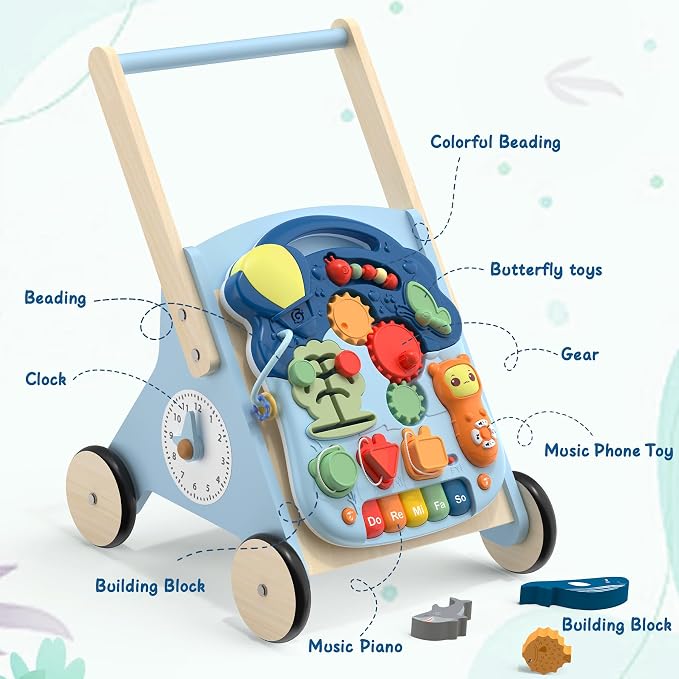 2 in 1 Wooden Baby Walker and Activity Center for Girls Boys Sit-to-Stand Learning Toy Kids Montessori Educational Push Toys with Music Detachable Busy Keyboard for Toddlers Blue