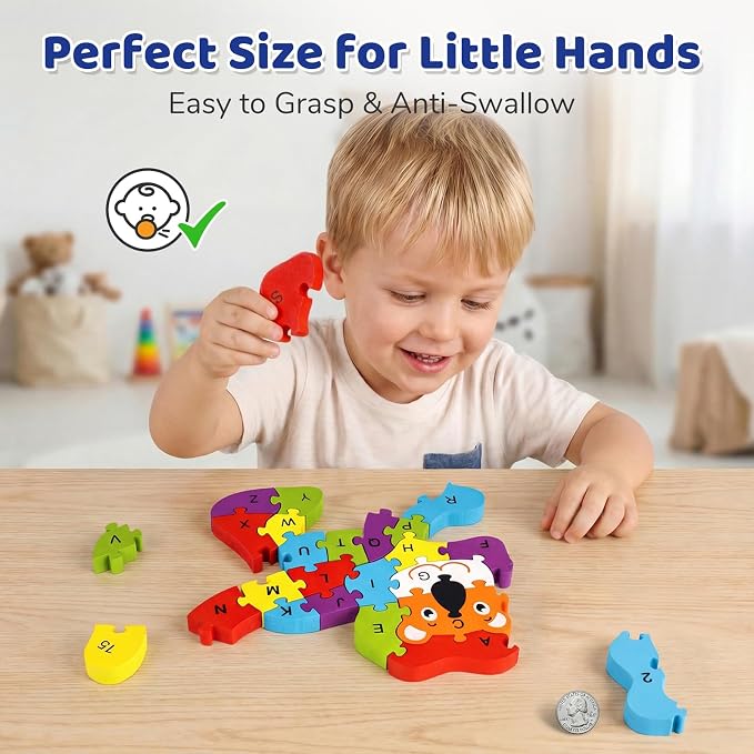 LovesTown Wooden Puzzles for Kids, Double Sided Lion Jigsaw with Alphabet & Numbers, Montessori Educational Toy for Toddlers, Chunky Animal Gift