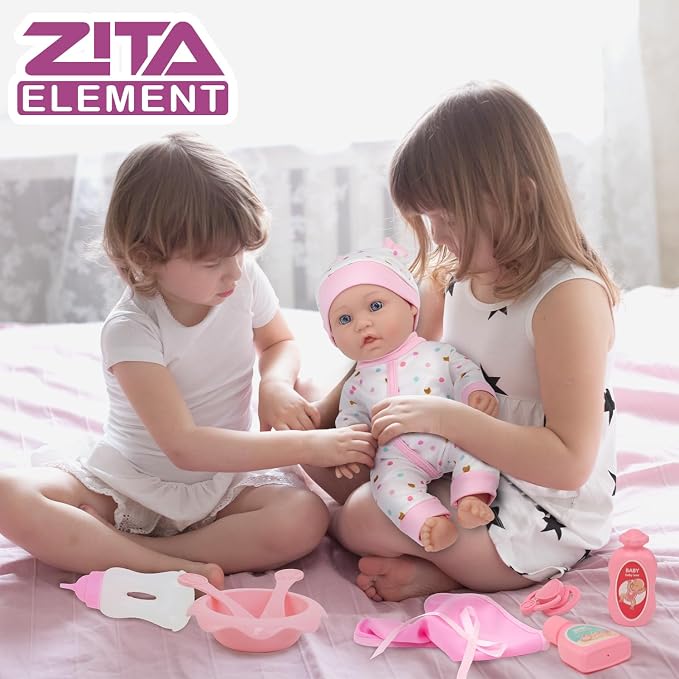 ZITA ELEMENT 12″ Baby Doll with Sleeping Carrier Bassinet Bed Set in Gift Box - 13 Piece Soft Baby Doll with Accessories, for Girls Ages 3+