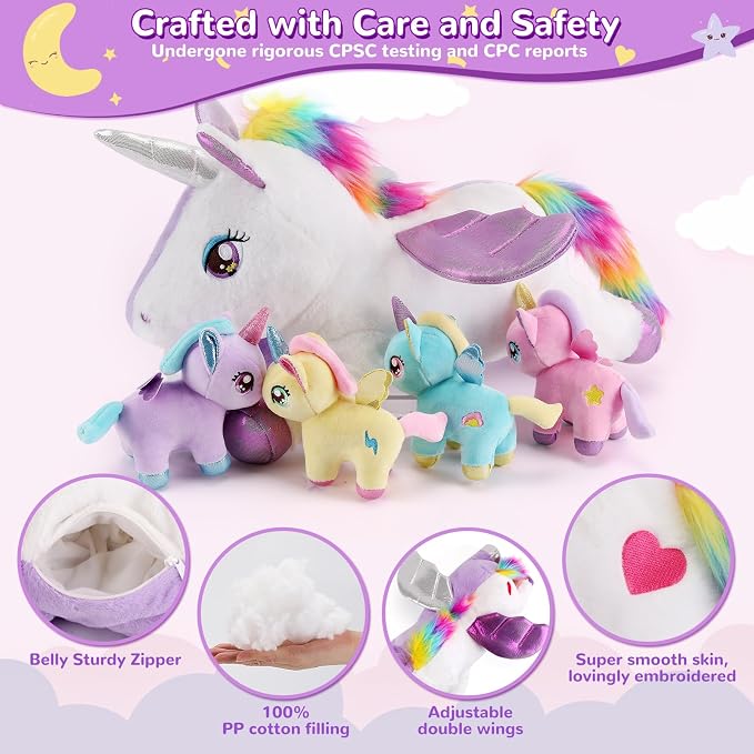 gnomantic Unicorn Stuffed Animals with Babies Inside, Mommy Toy for Kids | 5-Piece set: 1 mommy unicorn + 4 baby unicorns inside. Unzip belly to reveal surprise babies. Ultra-soft, ages 3-8.