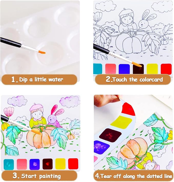 JUNQIU Watercolor Coloring Books for Kids Ages 4-8, Pocket Watercolor Painting Book for Toddlers, Arts and Crafts for Girls Gifts, Stocking Stuffers For Kids