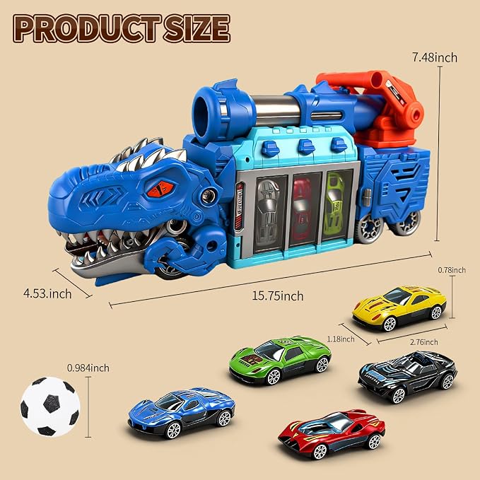 STBEIMEIMY T-Rex Dinosaur Truck, Foldable Storage & Ejection Shooting with 10 Cars Foldable Carrier Stores 10 Cars & 12 Balls, Fun Shooting Game, Sturdy for Active Play, Great for Travel