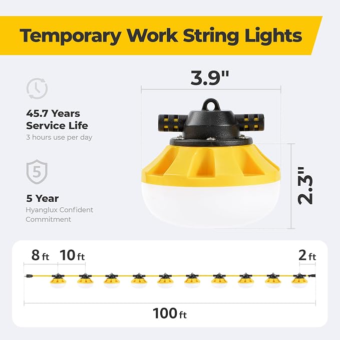 100FT 3-Prong Construction String Lights, LED Work Light, ETL Certified, IP65 Waterproof, Linkable up to 8 Sets, Temporary Lighting for Jobsite, Attic, Garage
