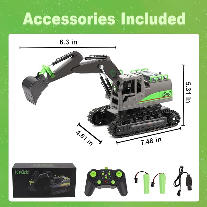 IQKidz Remote Control Excavator Toys for Boys 4-7 Yrs Old - Best Birthday Gift for Kids Age 3 5 8 9 10+, Metal Shovel Construction Vehicles with Light Sound, Rechargeable RC Tracked Digger