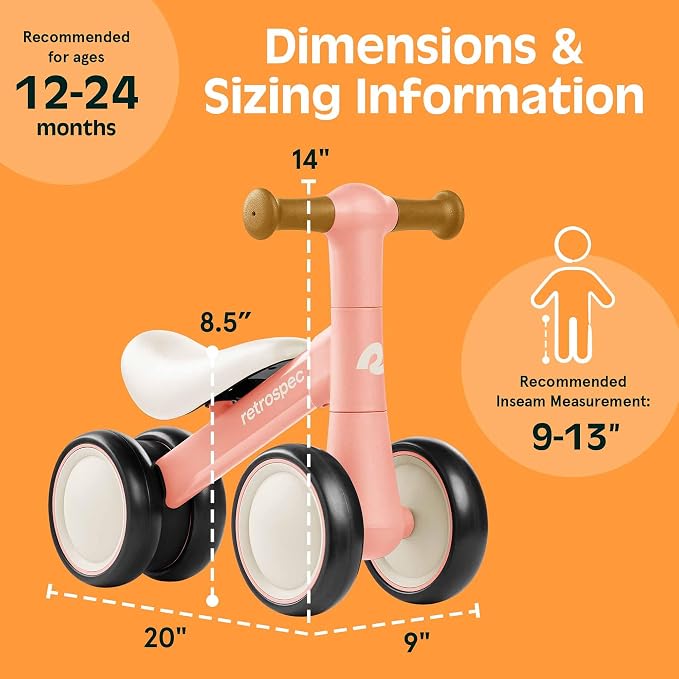 Retrospec Cricket 2 Baby Walker Balance Bike with 4 Wheels - Safe Learning Toy for Ages 12-24 Months - Scratch-Resistant Indoor Outdoor Toddler Riding Toy with Steering Limit & Soft Grips