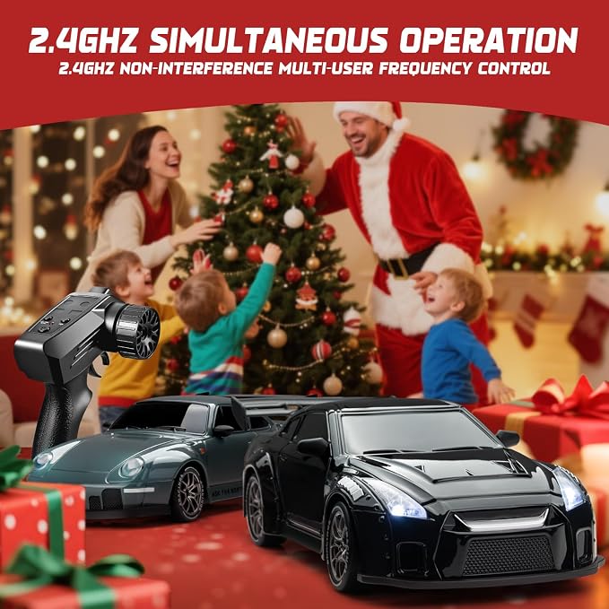 RC Drift Car, 1:24 Scale Remote Control Vehicle with LED Lights, 2.4GHz 20KM/H 4WD High Speed RC Cars, Drifting Tires＆Two Batteries, Racing Sports Toy Idea Gift for Adults Boys Girls and Kids (Black)