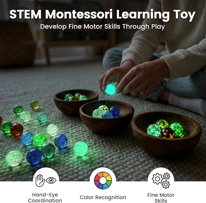 SallyFashion 25 PCS Glow in The Dark Marbles, Bulk Luminous Colorful Glass Marbles for Kids Marble Run Games