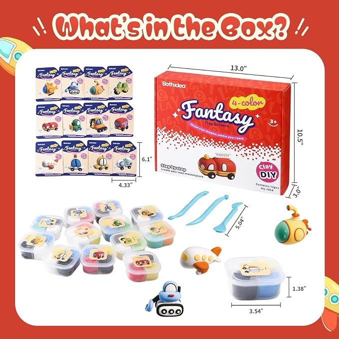 Both idea Air Dry Clay Kit, Car Theme | 12 Packs, Non-Toxic Kids Gift | School & Party: Perfect for classroom art activities, birthday party favors, creative family DIY, and holiday celebrations.
