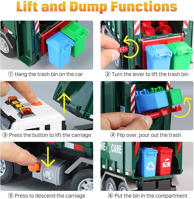 Garbage Truck Toy, Large Friction Powered Trash Truck Toy with Light and Sounds, 4 Trash Bins and Learning Cards for Kids