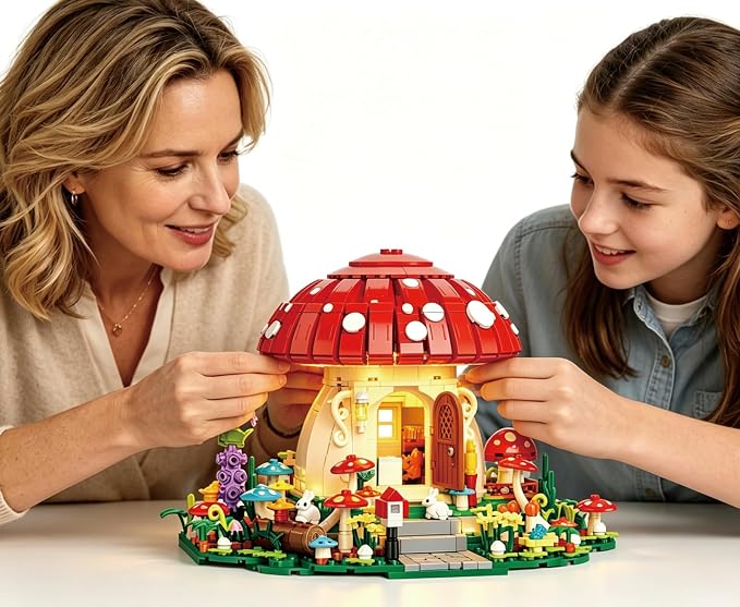 Dreamy Mushroom House Building Blocks Set with LED Light, Fairy Tale Forest House Building Kit with Cute Animals, Botanical Collection Display Model, Ideal Gift for Teens Adults(1296PCS)