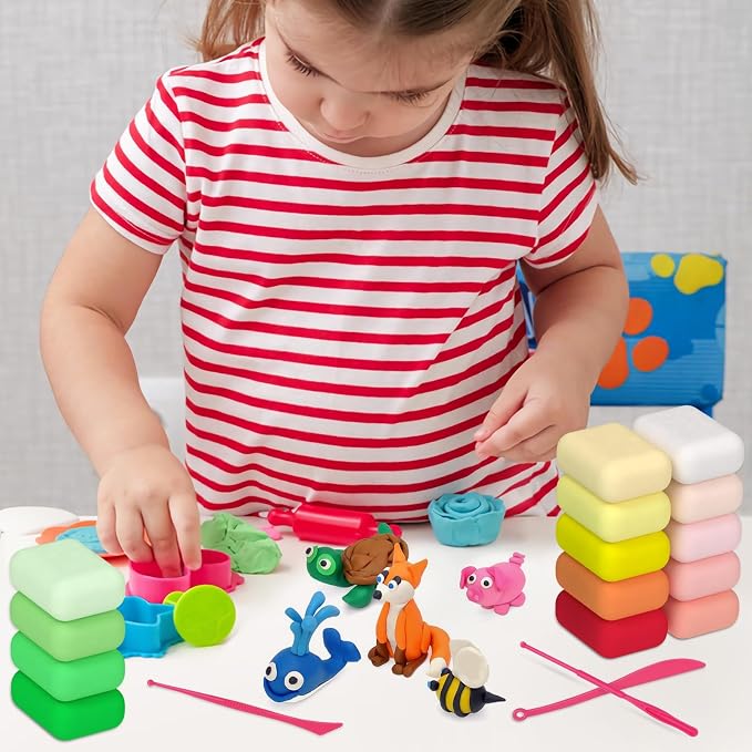 Air Dry Clay 48 Colors，Modeling Clay for Kids, with 3 Sculpting Tools and 6 Sheets Dinosaur Stickers, Safe & Non-Toxic, DIY Molding Clay Gift for Boys and Girls