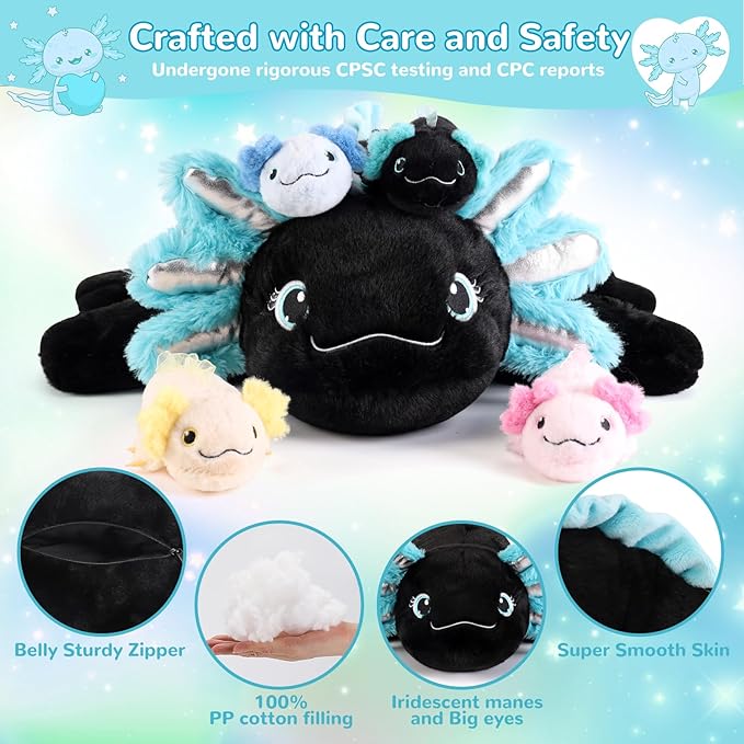 gnomantic Axolotl Stuffed Animals with Babies Inside, Mommy Toy for Kids | 5-Piece set: 1 mommy axolotl + 4 baby axolotls inside. Unzip belly to reveal surprise babies. Ultra-soft, ages 3-8.