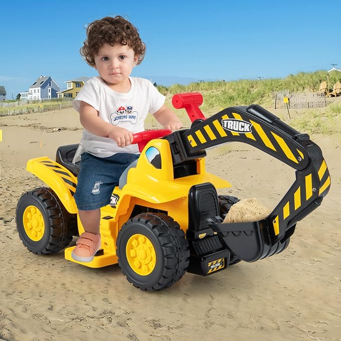 Costzon 6V Ride On Construction Excavator, Outdoor Digger Scooper Tractor Toy W/Safety Helmet, Rocks, Horn, Underneath Storage, Moving Forward/Backward, Pretend Play Ride On Truck (6V)