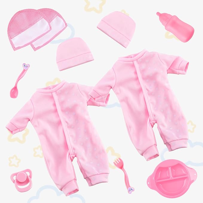 Toy Choi's Twin Baby Dolls 12 inch Soft Body Black and White Doll Set, Babydoll Playset with Rompers, Hat, Pacifier and Doll Bibs, Gifts Toys Toddlers Kids Boys and Girls | Pink Outfit Doll Set