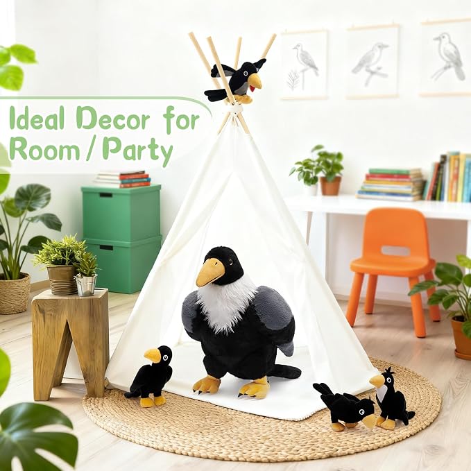 MorisMos Crow Raven Stuffed Animals, 26'' Mommy Raven Plush with 4 Baby Crow Plush Toys for Kid Girl Boy Bird Lover Christmas Birthday Gift, Realistic Black Bird Decor for Halloween Easter Baby Shower