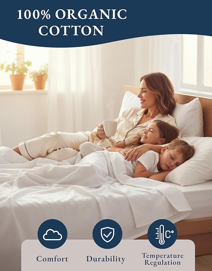 LANE LINEN 100% Organic Cotton White Twin XL Sheets Set 3-Piece Pure Percale Soft Bedding Breathable Fits Mattress Upto 15" Deep | GOTS Certified Organic Cotton Percale Twin XL Sheet Set - Naturally Cooling & Lightweight, Cool All Summer, Cozy All Winter