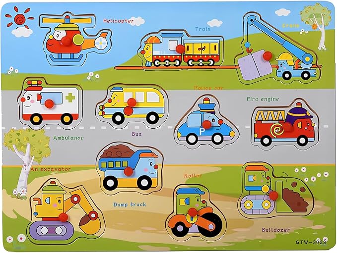 Vehicles Puzzle for Toddlers 3+ Years, Educational Wooden Vehicle Shape Learning Toy with Board & Blocks, Fun Preschool Motor Skills Activity for Boys and Girls