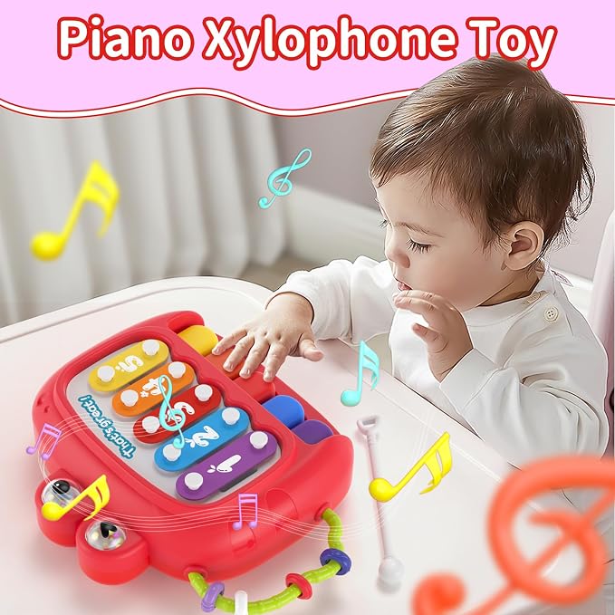 usrela 4 in 1 Baby Toy for 12 18 Month, Learning Toys for Babies 12-18 Months, Baby Busy Cube, Stacking Sorter, Pull String & Piano Xylophone Travel Toy, Birthday Gift for 1 2 Year Old