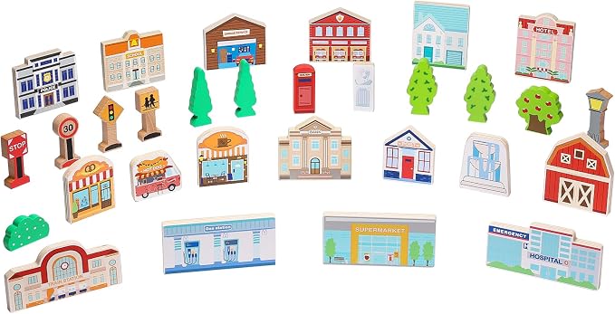 SainSmart Jr. 30 Pcs Wooden Town Play Set, Wooden Train Accessories, Community Helpers Toys for Preschool Learning | Includes Buildings, Traffic Signs and Trees | Gift for Boys and Girls