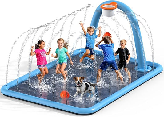 Splash Pad for Kids & Dogs, Large Sprinkler Pad Water Toys with Basketball Hoop, Thickened Non-Slip Splash Mat, Foldable Play Pool & Outdoor Summer Toys Ages 4-12 (102" Splash Pad)