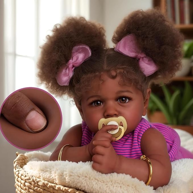 JIZHI Reborn Baby Dolls Black - 22 Inch Lifelike Soft Body Realistic-Newborn Baby Dolls Taupe Eyes Caramel Skin Tone Pink Striped Skirt Real Life and Toy Accessories Gift for Kids Age 3