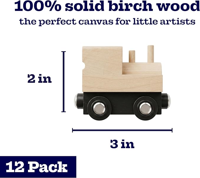 12 Pcs Unpainted Wooden Train And Stickers - Craft Kit – Magnetic Engines with 12 Sticker Sheets – Compatible with All Major Wooden Railway Brands – Art Project for Kids & Birthday Party Favors