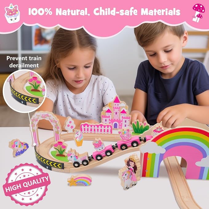 SIMPLIPLAY Wooden Train Set, 43PCS Unicorn Toy Train Set with Crash Barrier | Magnetic Wooden Train with Tracks & Bridge for Girls Toddlers, Enhance Fine Motor Skills, Ideal for Birthday Christmas