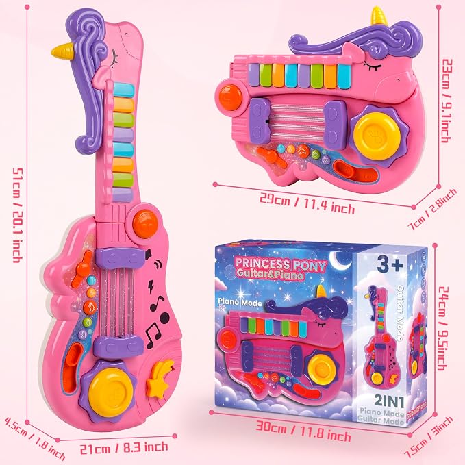 M SANMERSEN 3-in-1 Toddler Guitar Toys for Kids with Piano Drum, Electric Musical Toy with Strap Light Up 3 4 5 Year Old Boys Girls Gifts