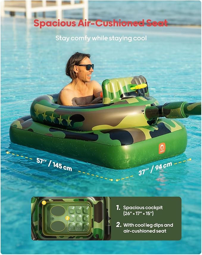 QPAU Inflatable Tank Pool Float for Adults & Kids – Ride-On Camouflage Floaty with Water Cannon, Swim Raft Toy for Boys Girls, Lake Beach Backyard Party Floaties